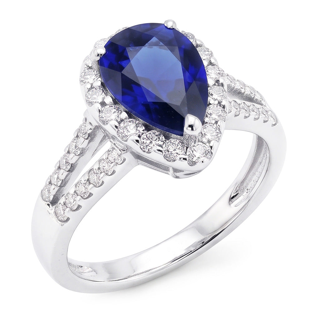 Anello Halo da donna con zaffiro Ceylon a gambo diviso e diamanti 3 carati in oro bianco 14K