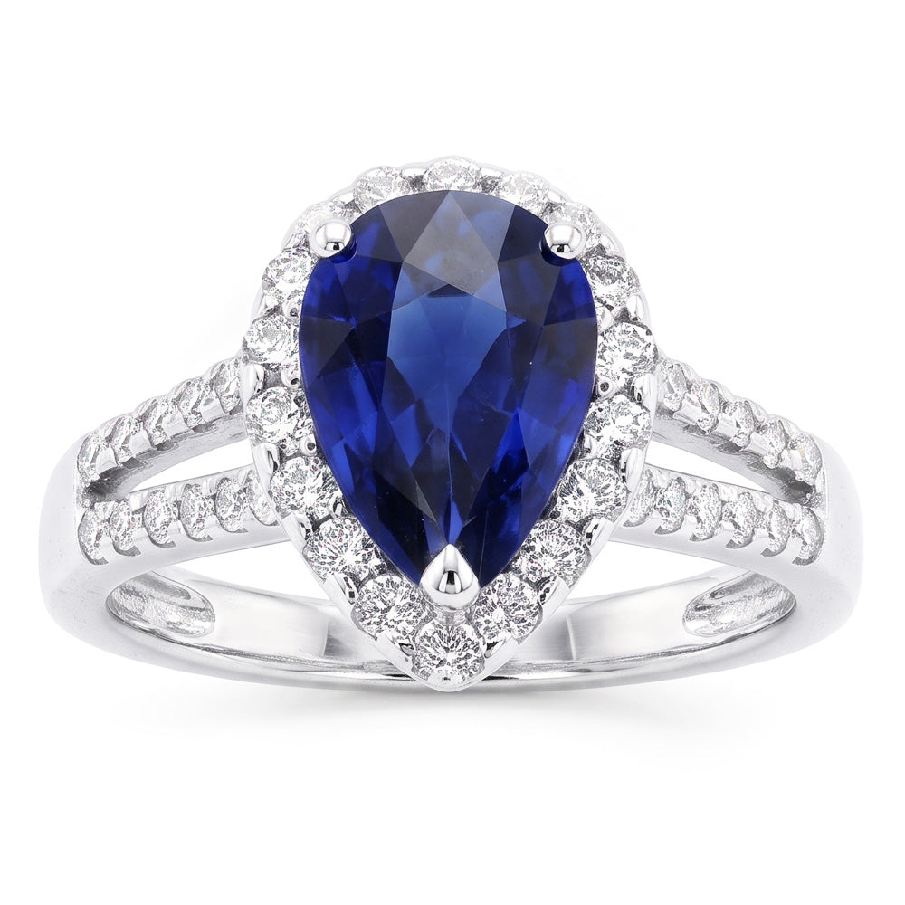 Anello Halo da donna con zaffiro Ceylon a gambo diviso e diamanti 3 carati in oro bianco 14K