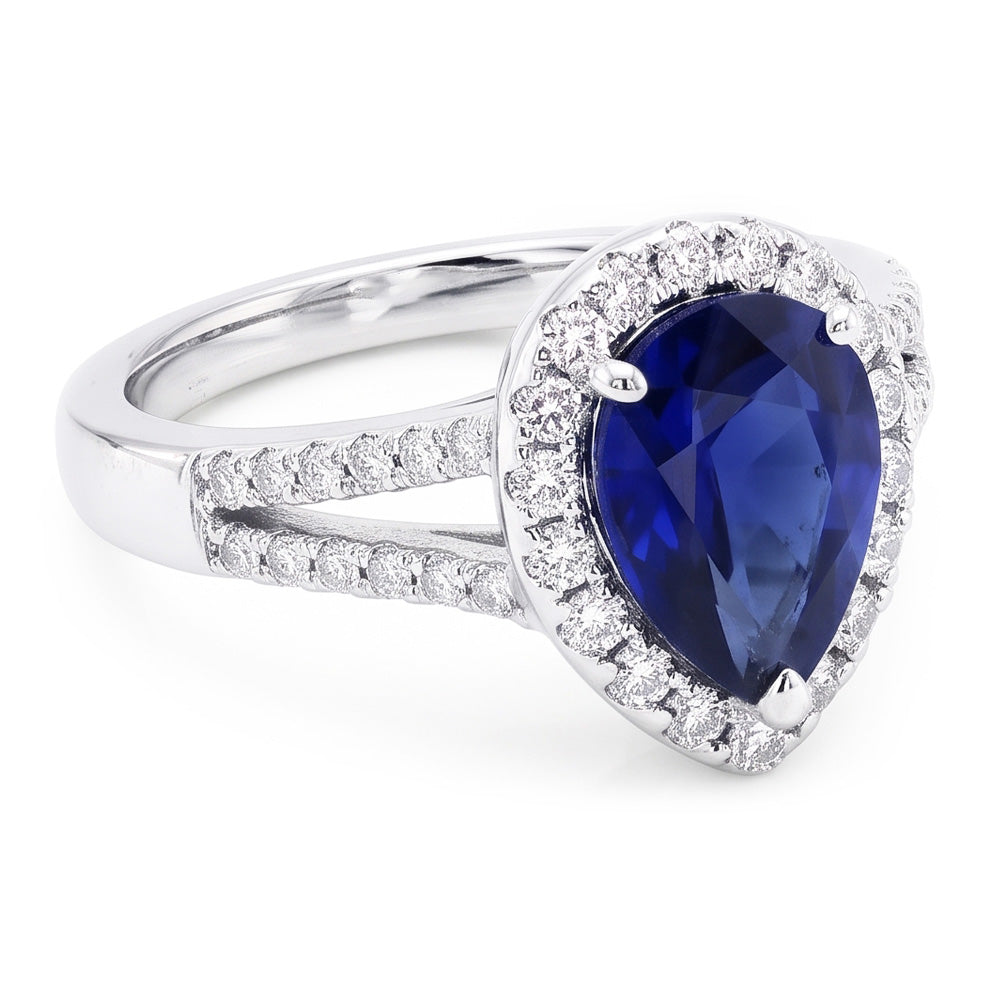 Anello Halo da donna con zaffiro Ceylon a gambo diviso e diamanti 3 carati in oro bianco 14K
