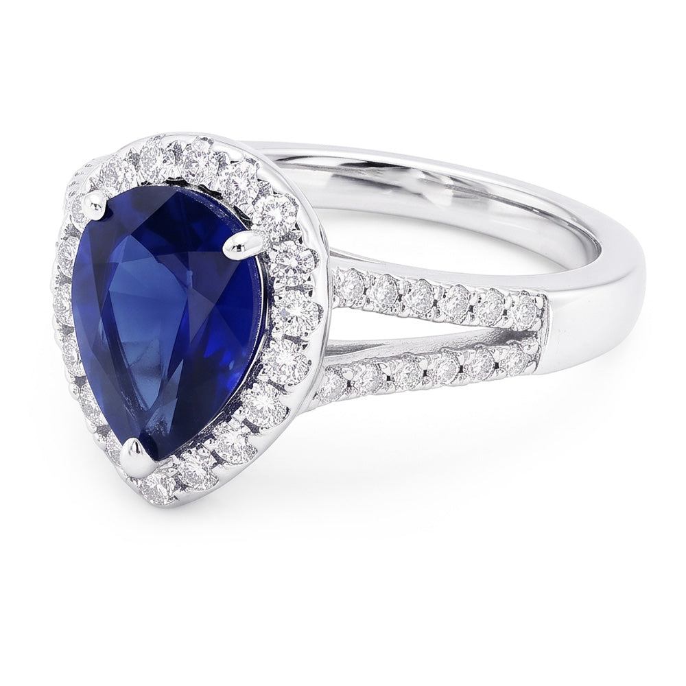 Anello Halo da donna con zaffiro Ceylon a gambo diviso e diamanti 3 carati in oro bianco 14K