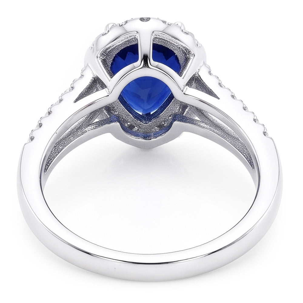 Anello Halo da donna con zaffiro Ceylon a gambo diviso e diamanti 3 carati in oro bianco 14K