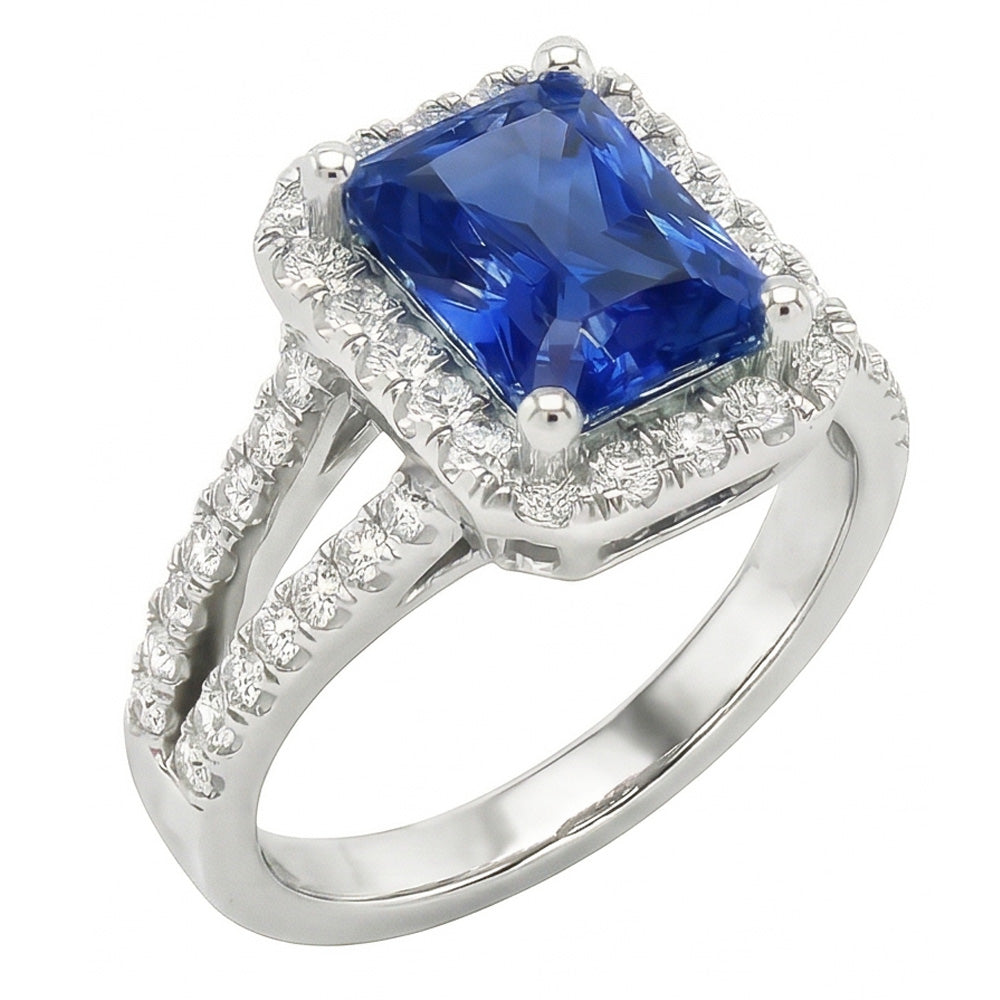 Anello Halo da donna con zaffiro taglio brillante da 3,50 carati e gioielli con diamanti rotondi