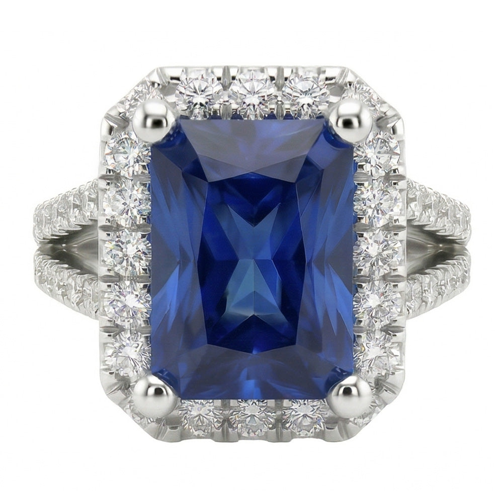 Anello Halo da donna con zaffiro taglio brillante da 3,50 carati e gioielli con diamanti rotondi