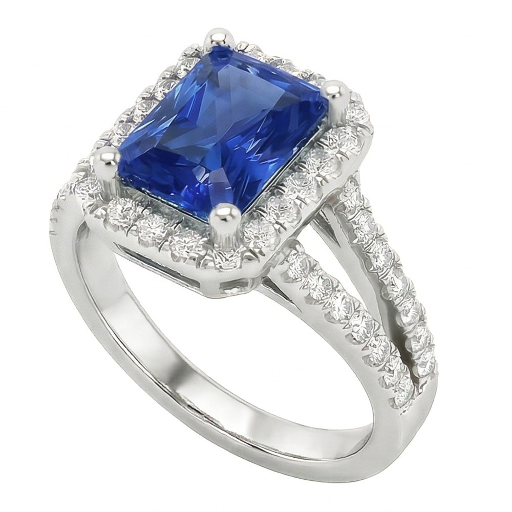 Anello Halo da donna con zaffiro taglio brillante da 3,50 carati e gioielli con diamanti rotondi