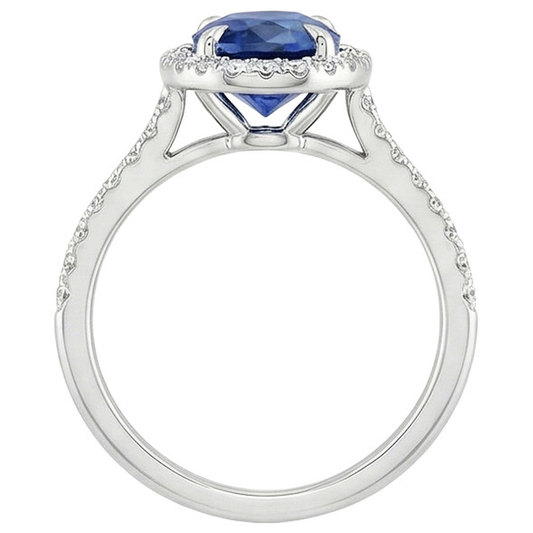 Anello Halo da donna. ovale. con zaffiro blu e accenti di diamante. 3.25 carati