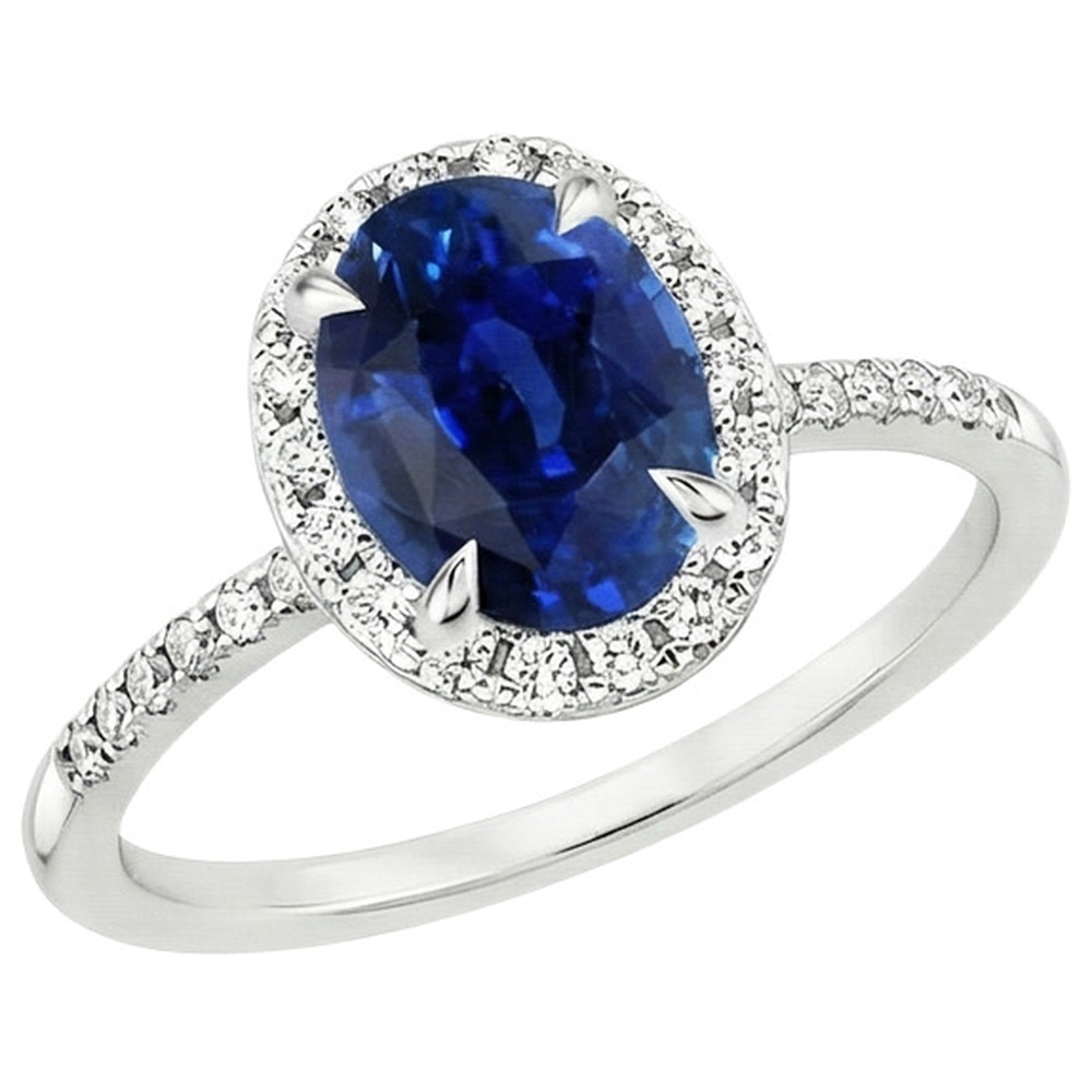 Anello Halo da donna. ovale. con zaffiro blu e accenti di diamante. 3.25 carati