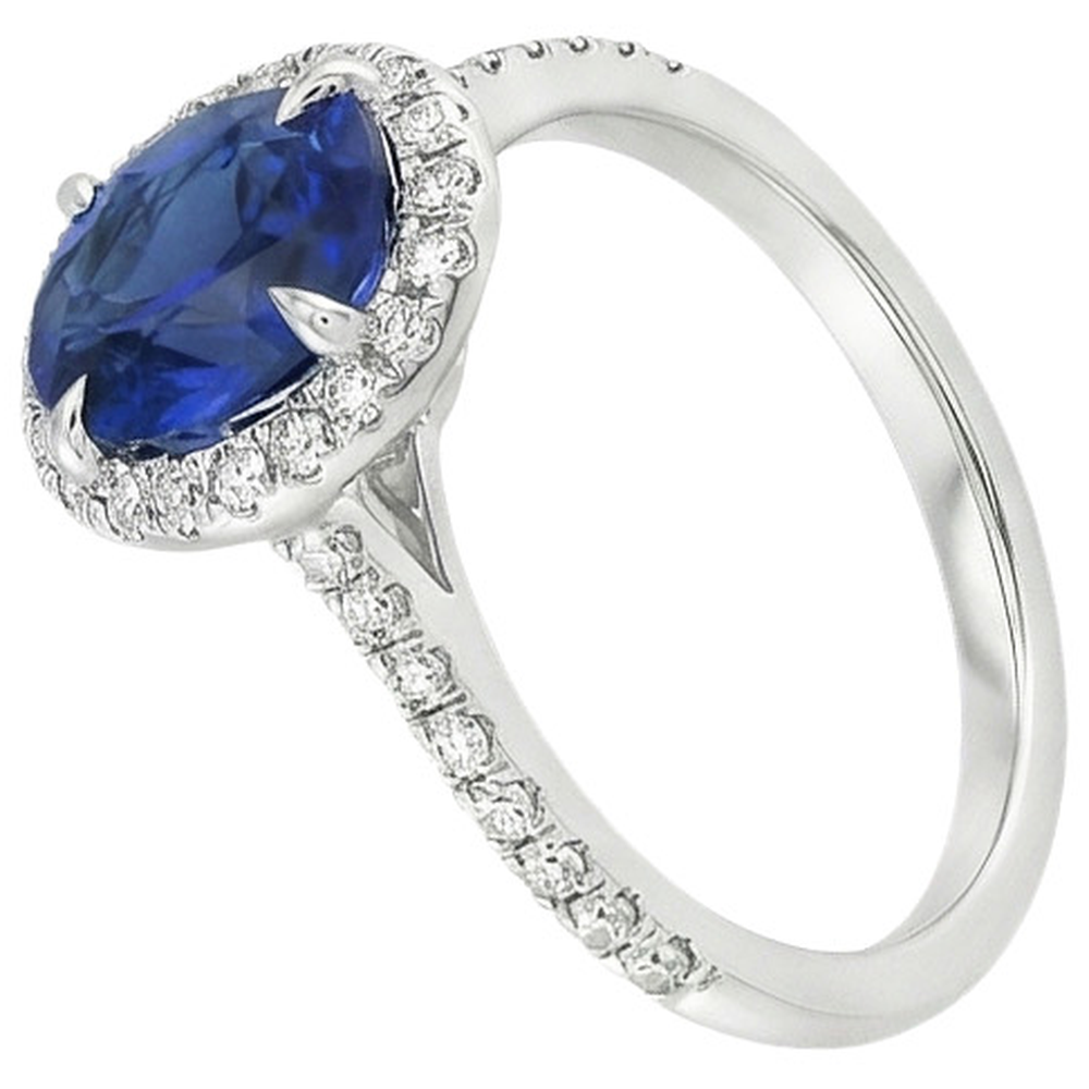 Anello Halo da donna. ovale. con zaffiro blu e accenti di diamante. 3.25 carati