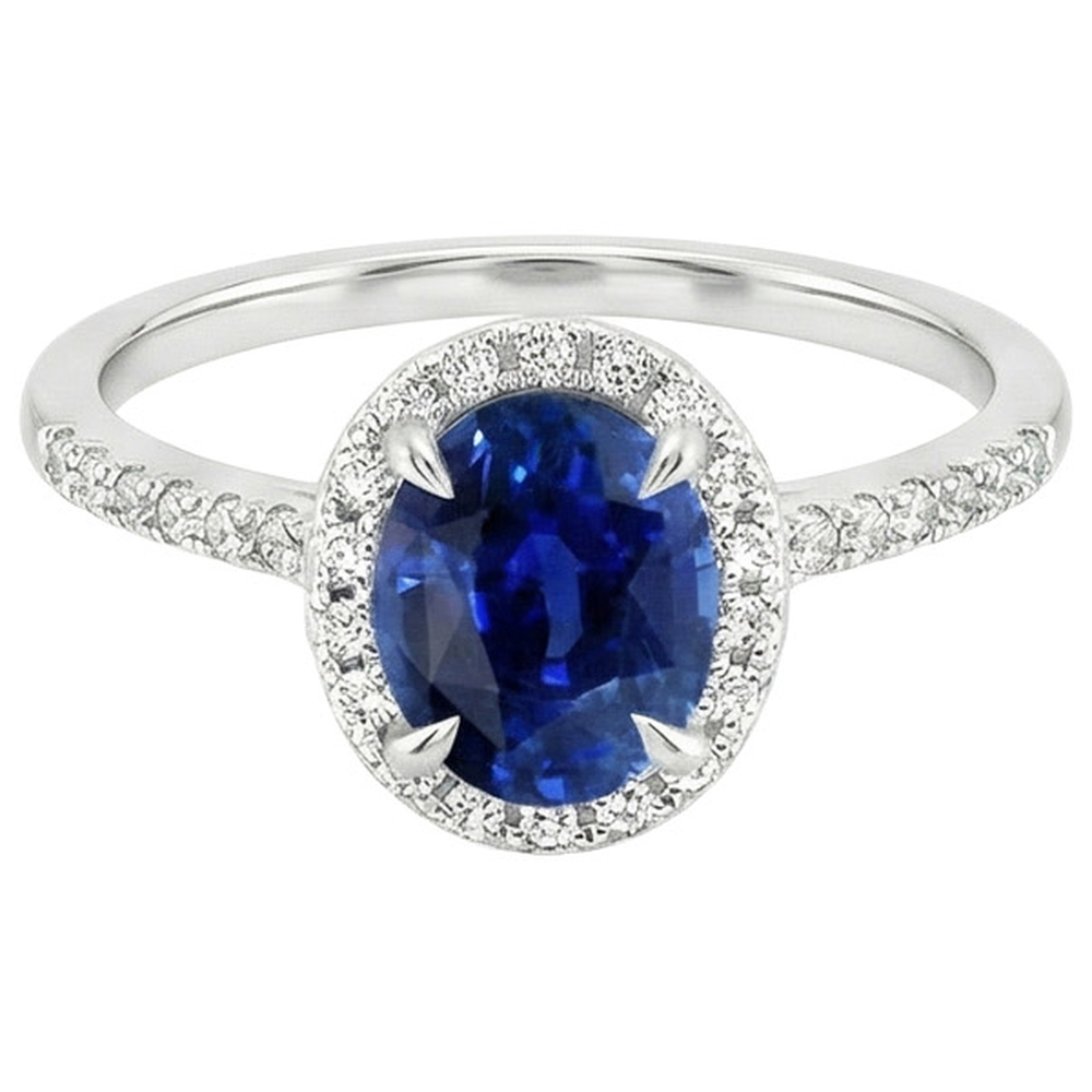 Anello Halo da donna. ovale. con zaffiro blu e accenti di diamante. 3.25 carati