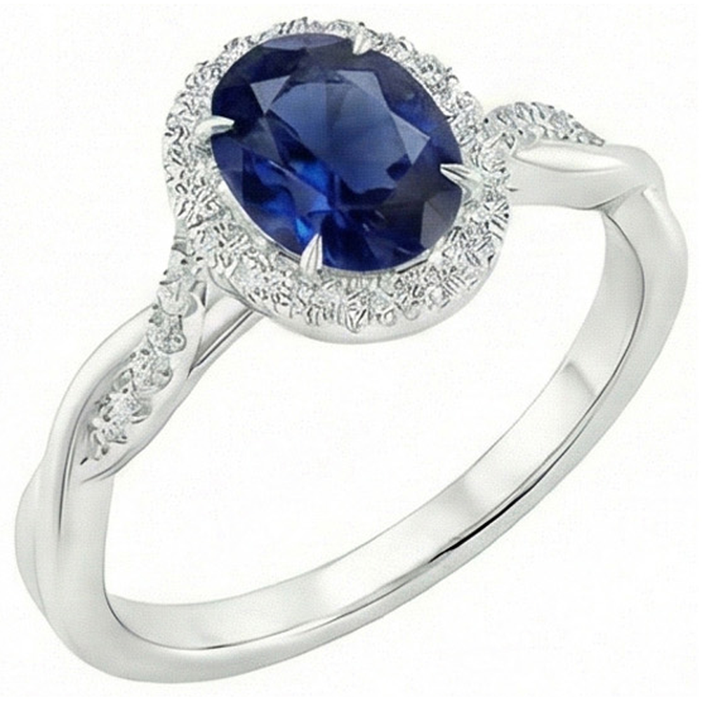 Anello Halo diamante 4.25 carati ovale blu zaffiro scintillante oro bianco
