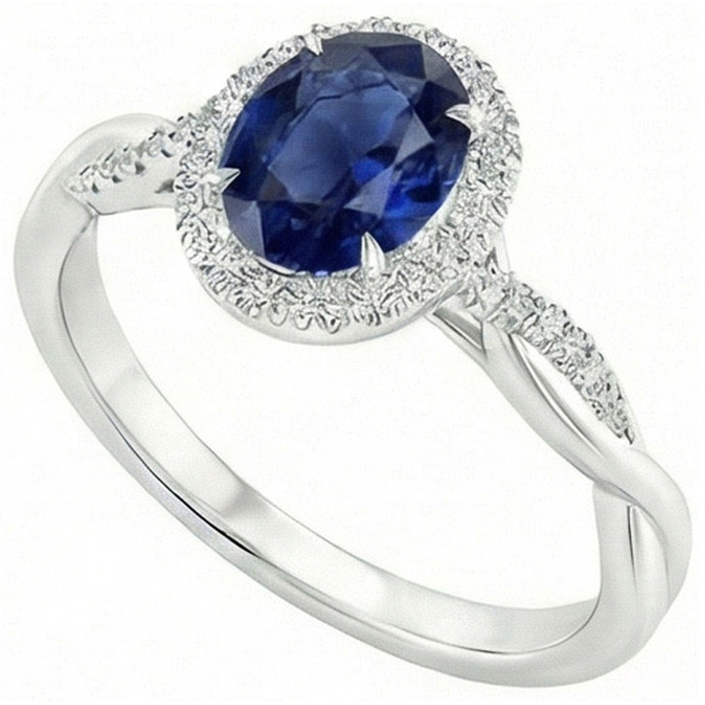 Anello Halo diamante 4.25 carati ovale blu zaffiro scintillante oro bianco
