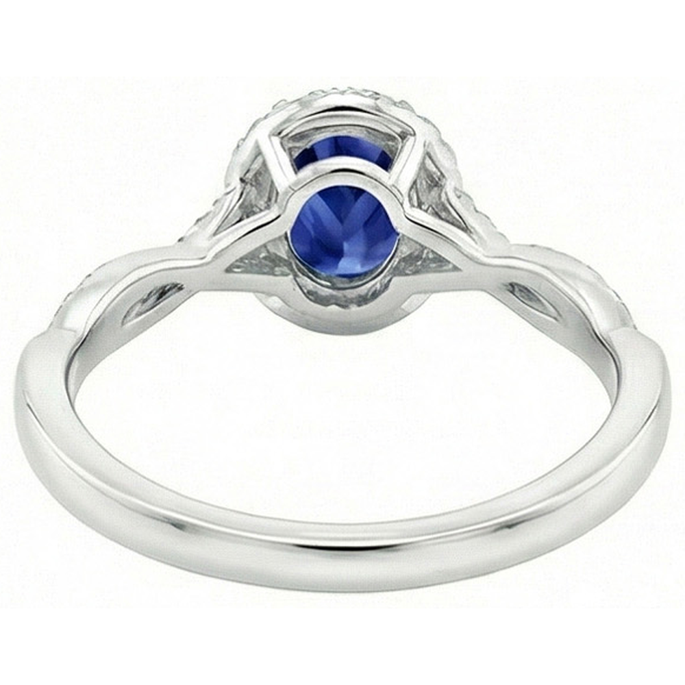 Anello Halo diamante 4.25 carati ovale blu zaffiro scintillante oro bianco