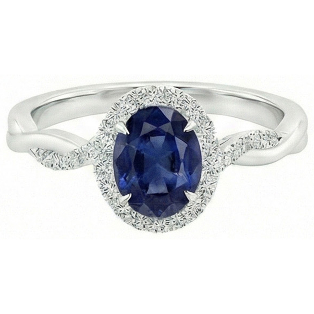 Anello Halo diamante 4.25 carati ovale blu zaffiro scintillante oro bianco