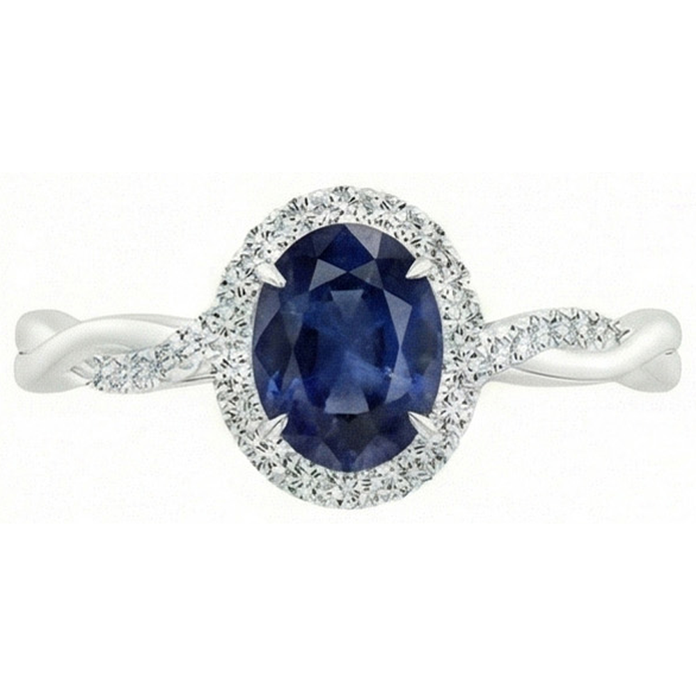 Anello Halo diamante 4.25 carati ovale blu zaffiro scintillante oro bianco