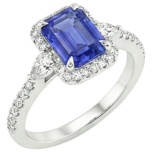 Anello Halo in oro bianco 14K con zaffiro blu smeraldo e diamante 4.25 carati