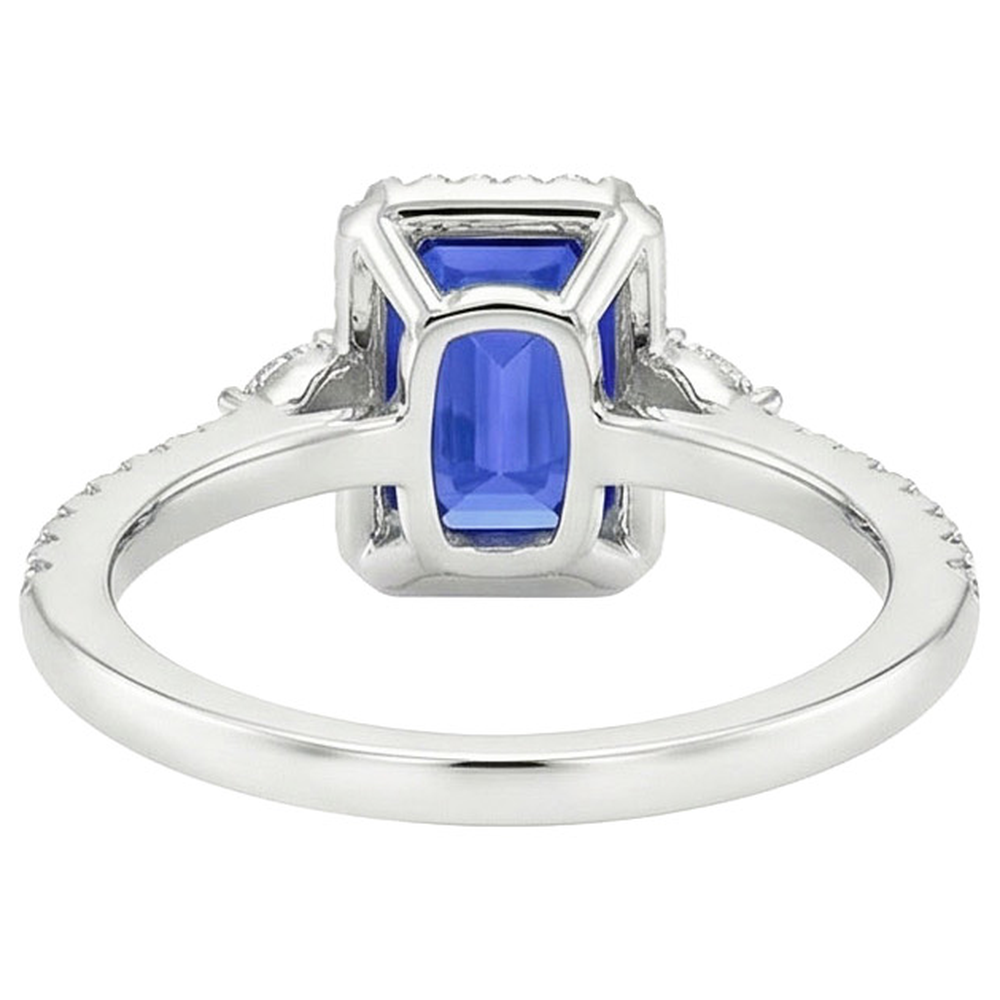 Anello Halo in oro bianco 14K con zaffiro blu smeraldo e diamante 4.25 carati