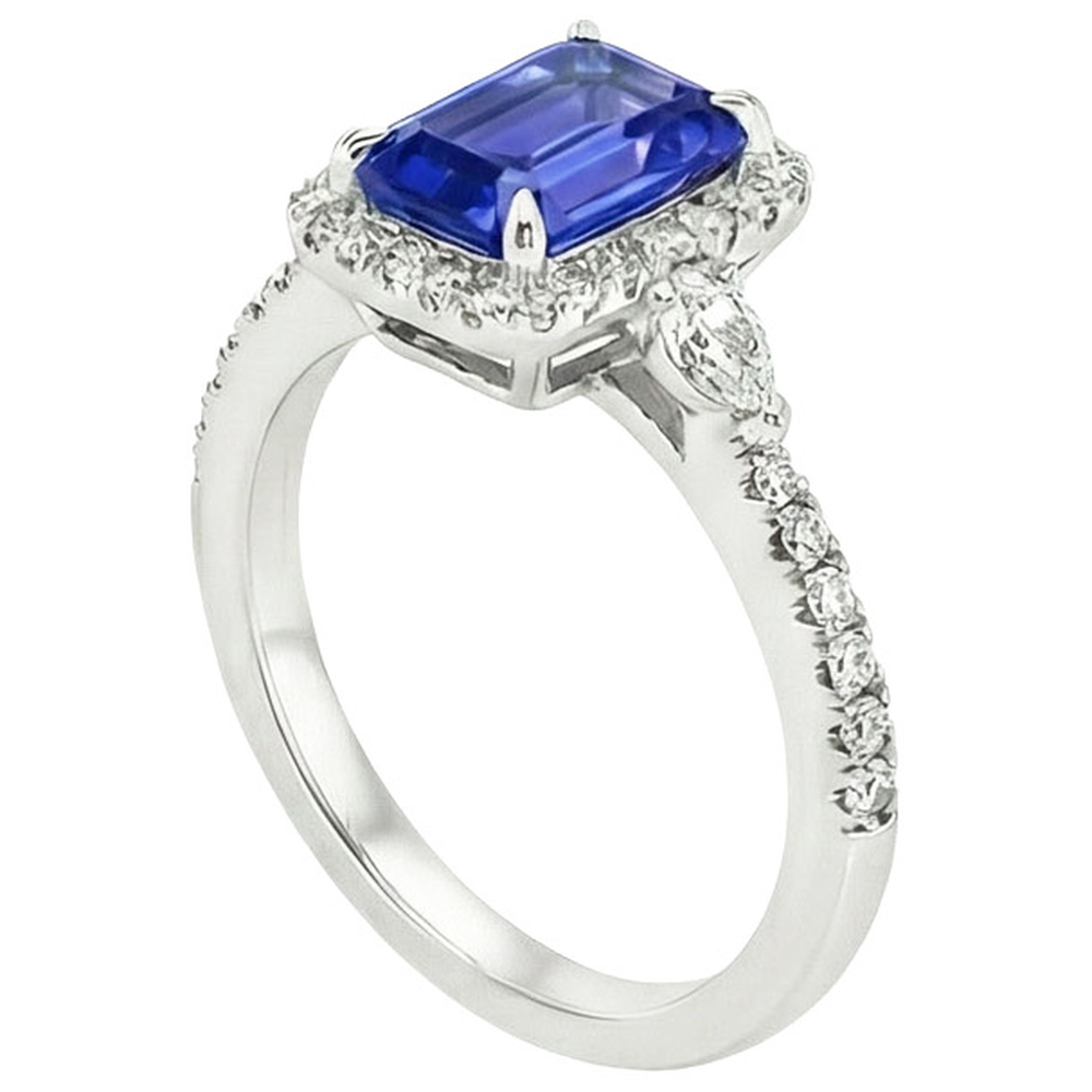 Anello Halo in oro bianco 14K con zaffiro blu smeraldo e diamante 4.25 carati