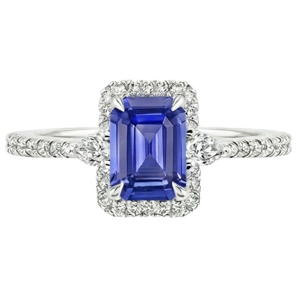 Anello Halo in oro bianco 14K con zaffiro blu smeraldo e diamante 4.25 carati