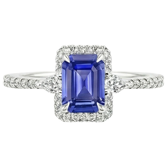 Anello Halo in oro bianco 14K con zaffiro blu smeraldo e diamante 4.25 carati
