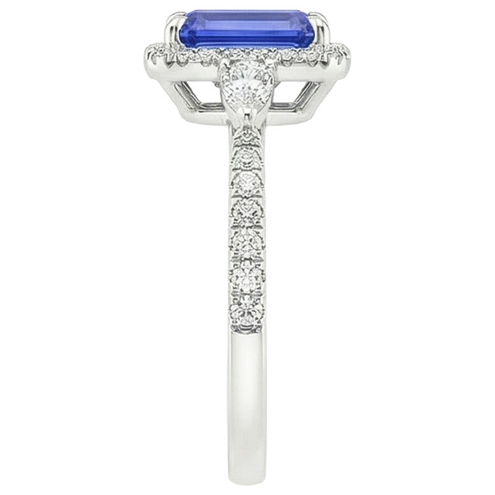 Anello Halo in oro bianco 14K con zaffiro blu smeraldo e diamante 4.25 carati