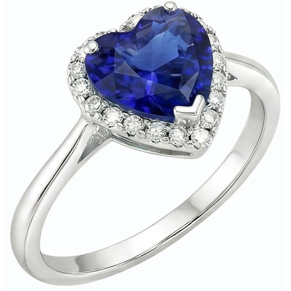 Anello Halo in oro bianco con cuore zaffiro blu e diamanti 3 carati gioielli
