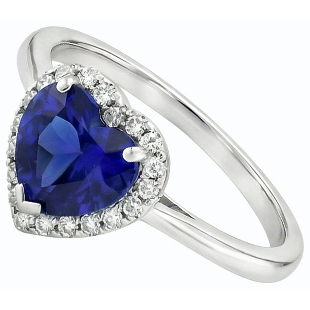 Anello Halo in oro bianco con cuore zaffiro blu e diamanti 3 carati gioielli