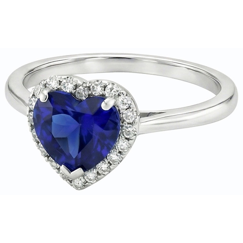 Anello Halo in oro bianco con cuore zaffiro blu e diamanti 3 carati gioielli