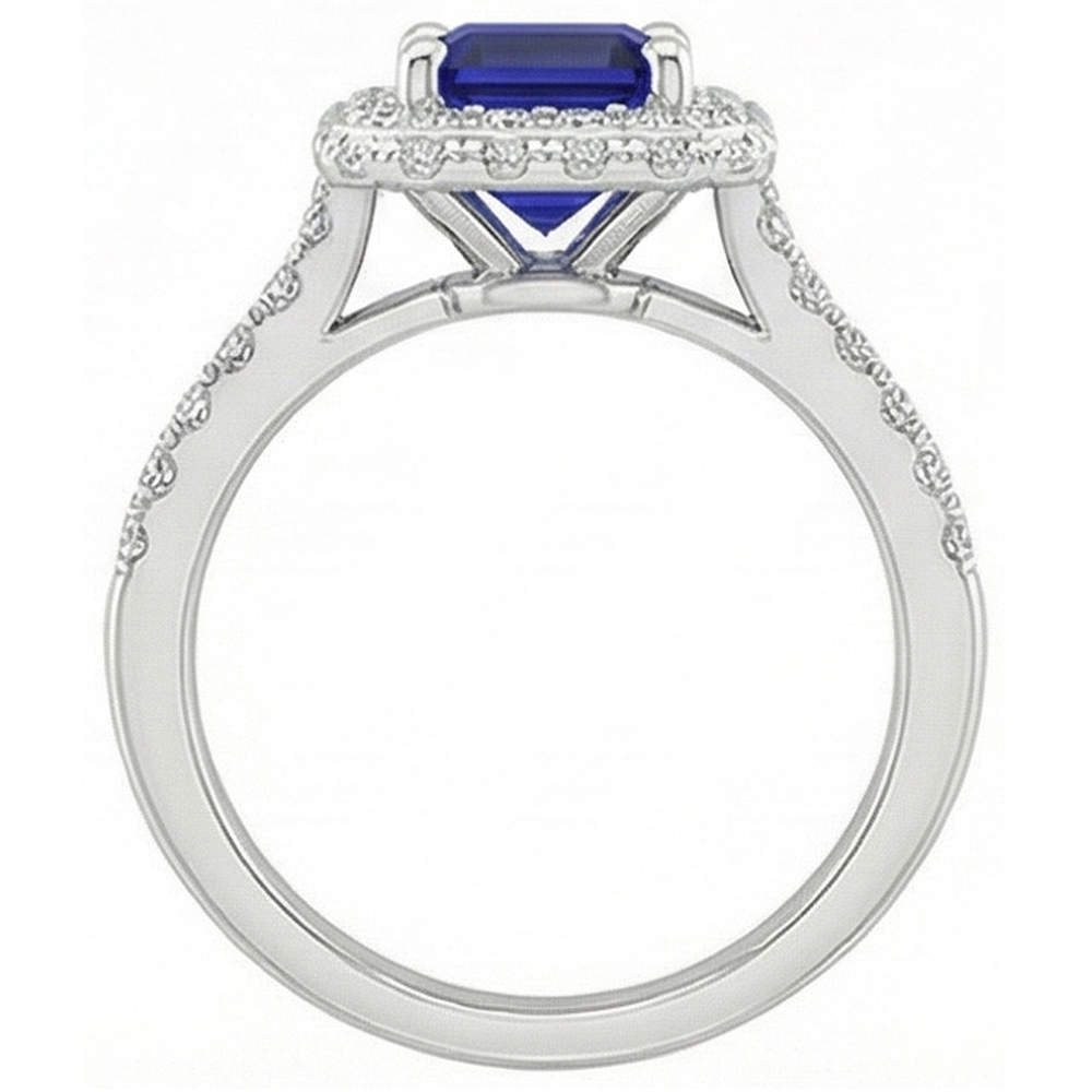 Anello Halo in oro bianco con smeraldo zaffiro di Ceylon e diamante 4.25 carati