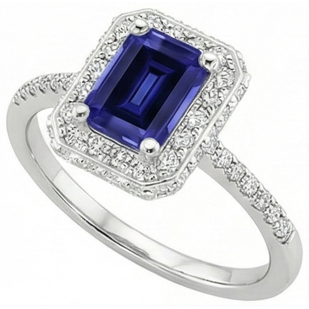 Anello Halo in oro bianco con smeraldo zaffiro di Ceylon e diamante 4.25 carati