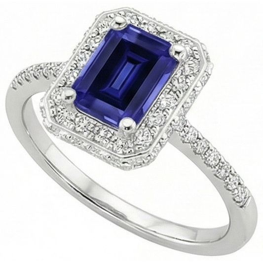 Anello Halo in oro bianco con smeraldo zaffiro di Ceylon e diamante 4.25 carati