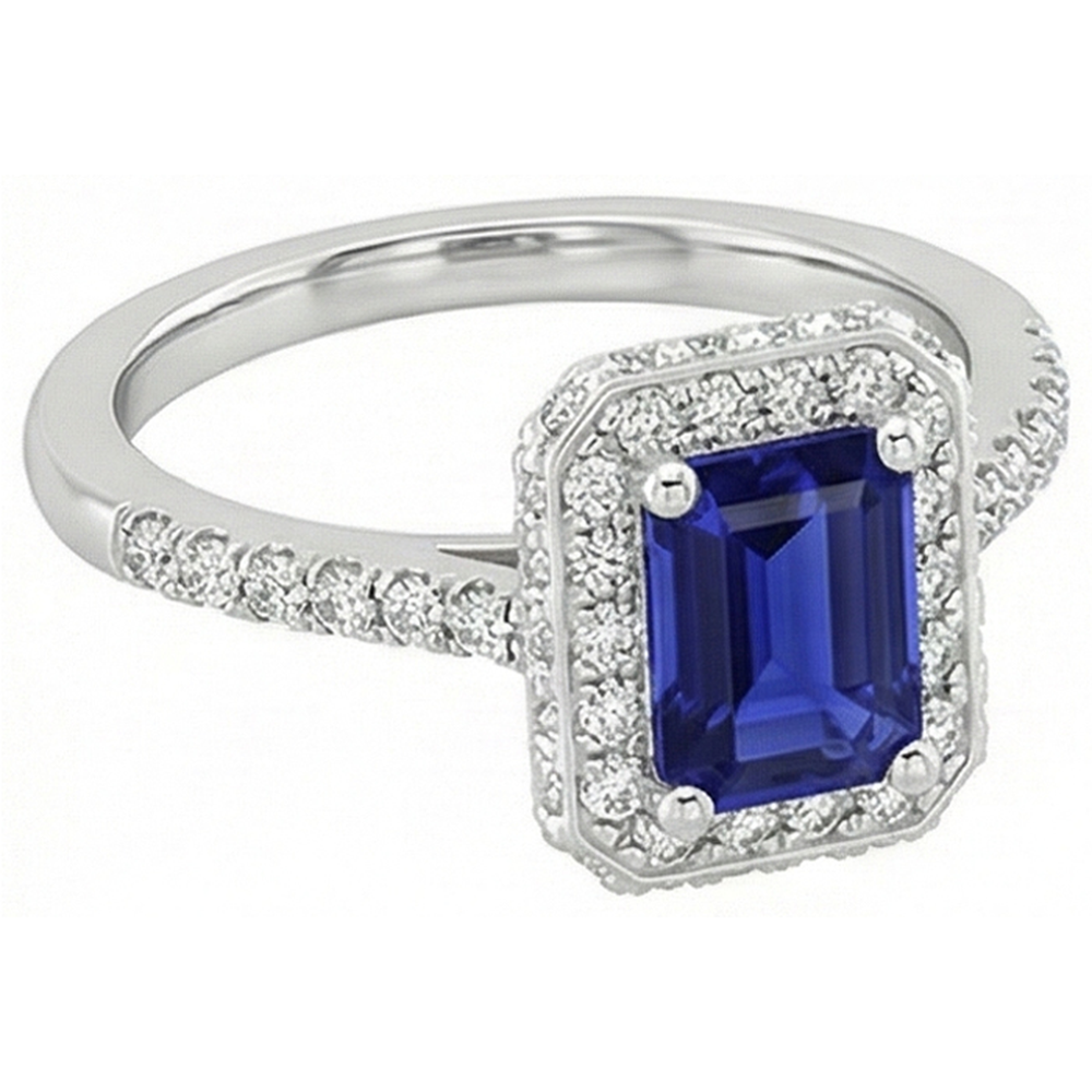 Anello Halo in oro bianco con smeraldo zaffiro di Ceylon e diamante 4.25 carati