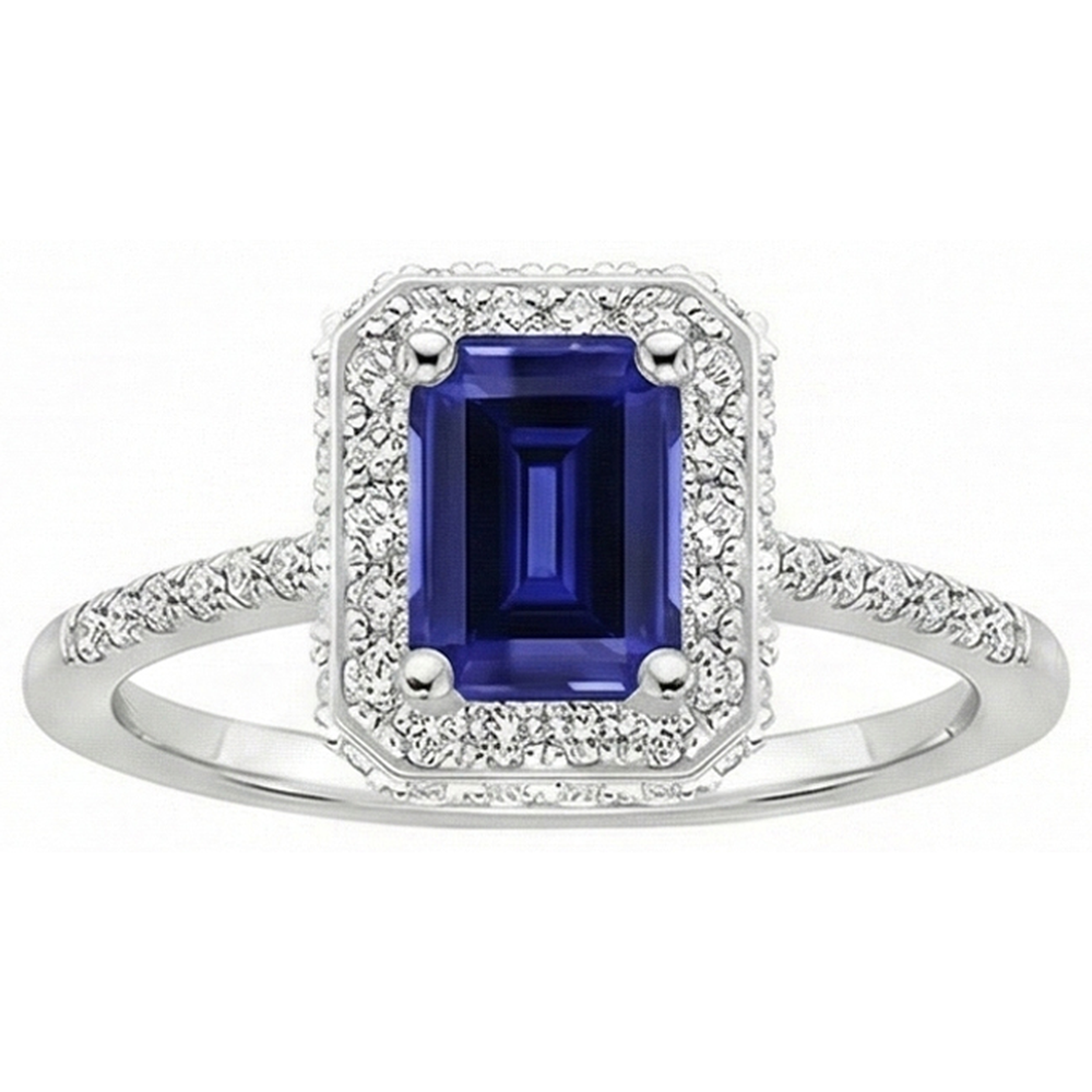 Anello Halo in oro bianco con smeraldo zaffiro di Ceylon e diamante 4.25 carati