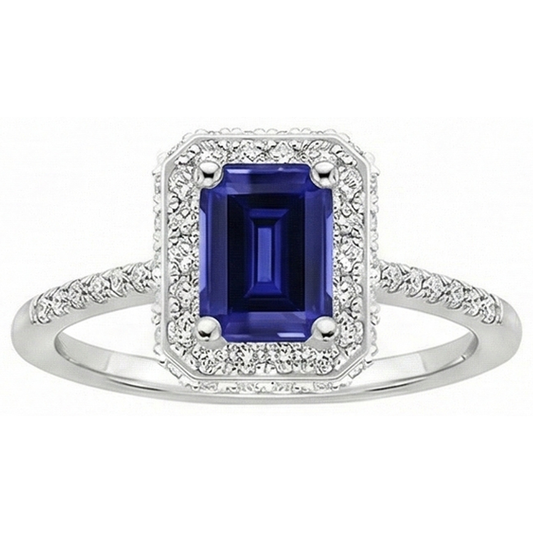 Anello Halo in oro bianco con smeraldo zaffiro di Ceylon e diamante 4.25 carati