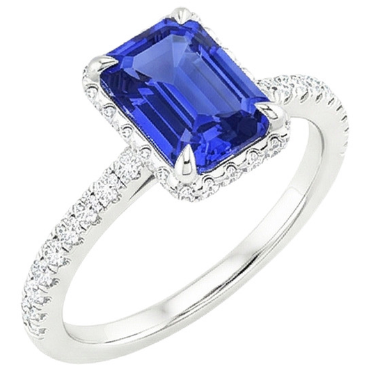 Anello Halo in oro bianco. zaffiro blu smeraldo e diamante 4.25 carati