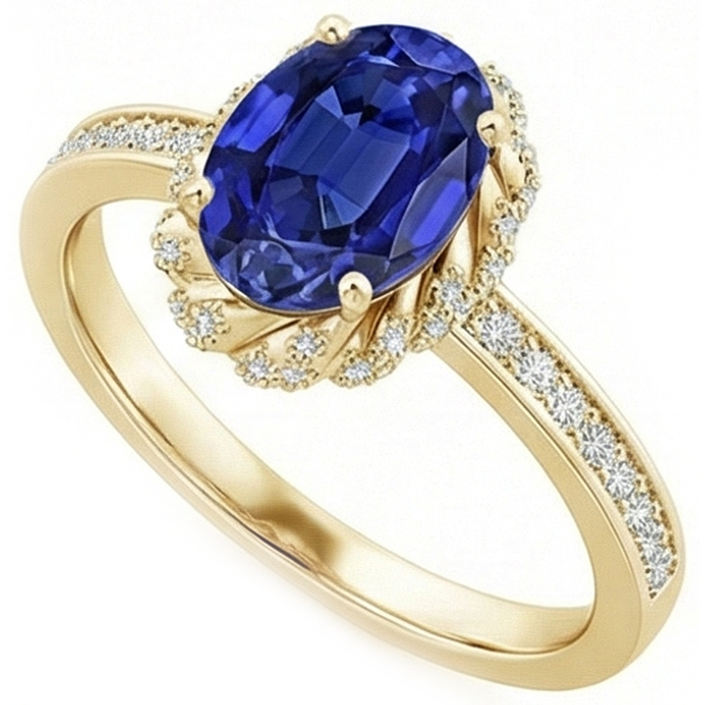 Anello Halo in oro giallo con diamante Zaffiro Ceylon taglio ovale Nuovo 5.50 carati