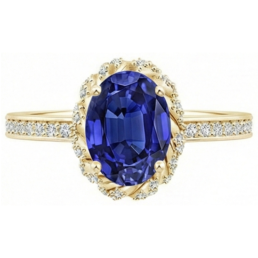 Anello Halo in oro giallo con diamante Zaffiro Ceylon taglio ovale Nuovo 5.50 carati