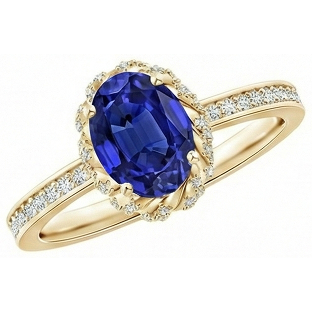 Anello Halo in oro giallo con diamante Zaffiro Ceylon taglio ovale Nuovo 5.50 carati