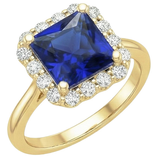 Anello Halo in oro giallo con diamante e zaffiro blu taglio Princess 6 carati