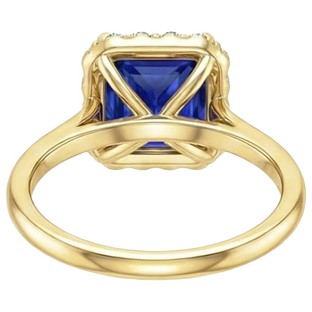 Anello Halo in oro giallo con diamante e zaffiro blu taglio Princess 6 carati