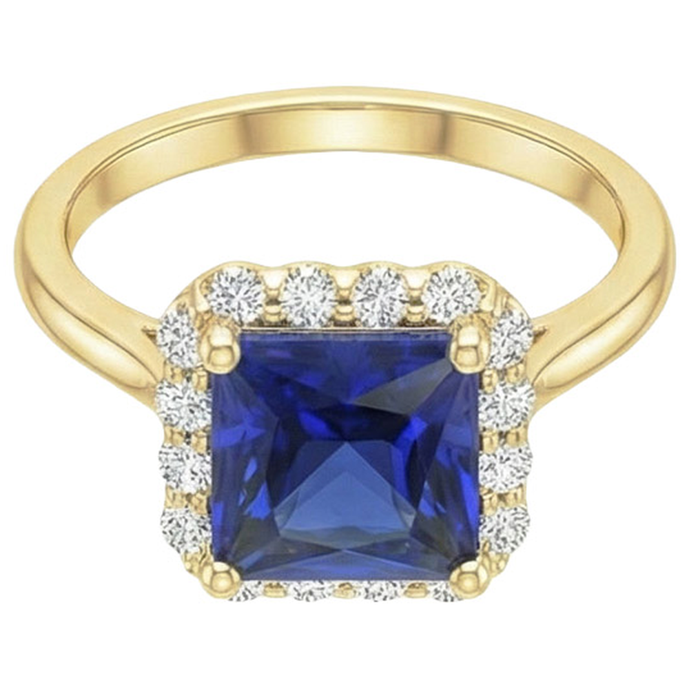 Anello Halo in oro giallo con diamante e zaffiro blu taglio Princess 6 carati