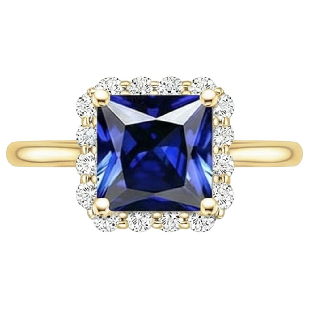 Anello Halo in oro giallo con diamante e zaffiro blu taglio Princess 6 carati