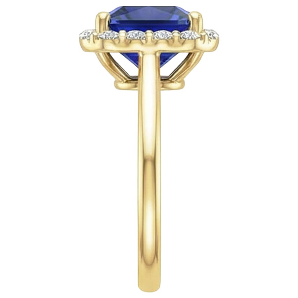 Anello Halo in oro giallo con diamante e zaffiro blu taglio Princess 6 carati