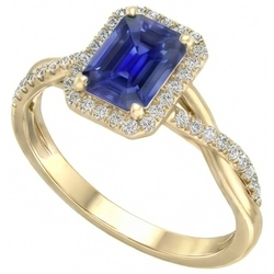 Anello Halo in oro giallo con zaffiro dello Sri Lanka a forma di smeraldo 3 carati