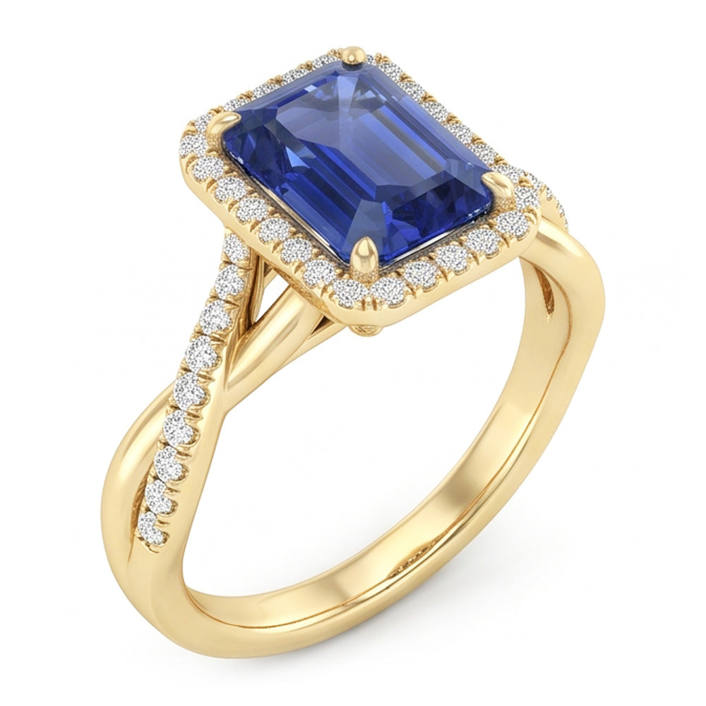 Anello Halo in oro giallo con zaffiro dello Sri Lanka a forma di smeraldo 3 carati