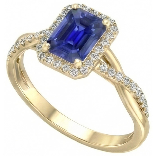 Anello Halo in oro giallo con zaffiro dello Sri Lanka a forma di smeraldo 3 carati