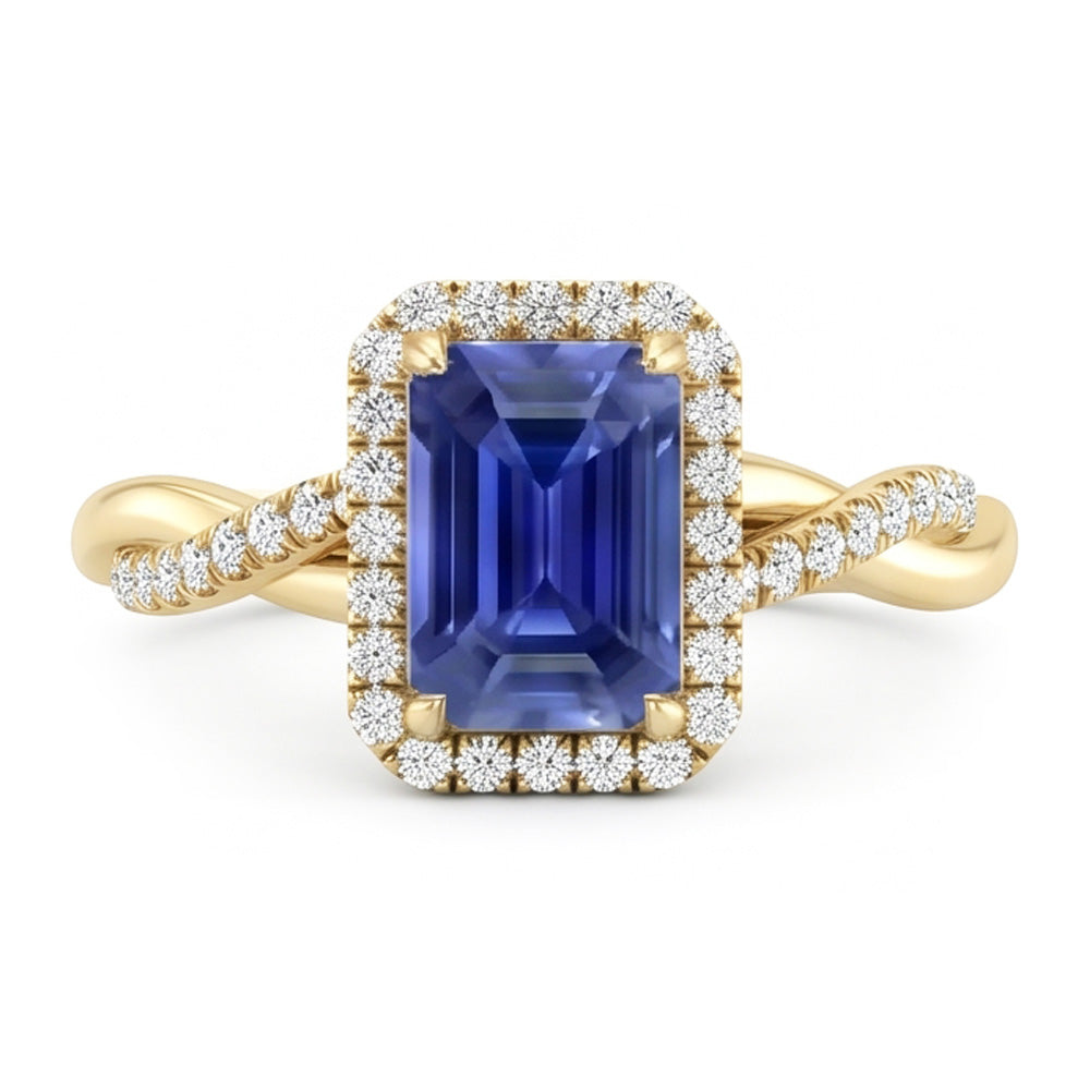 Anello Halo in oro giallo con zaffiro dello Sri Lanka a forma di smeraldo 3 carati