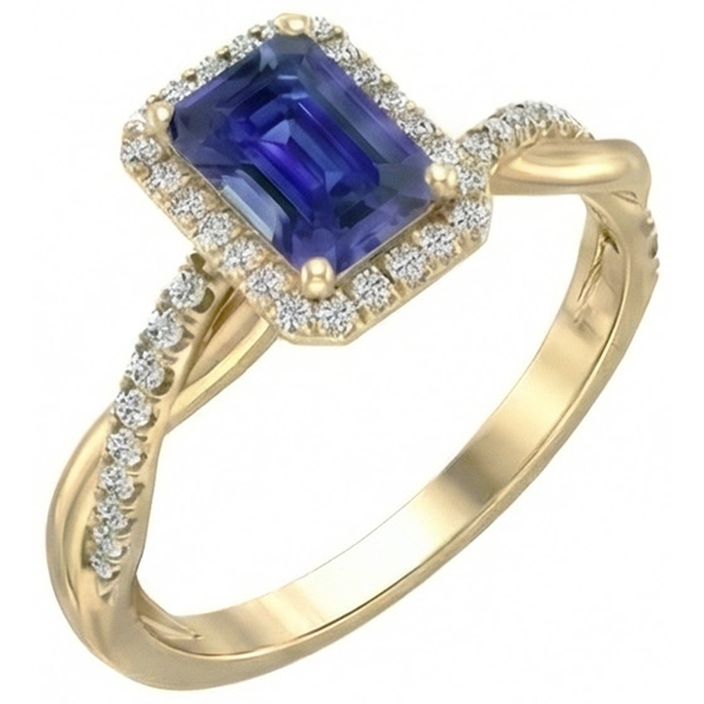 Anello Halo in oro giallo con zaffiro dello Sri Lanka a forma di smeraldo 3 carati