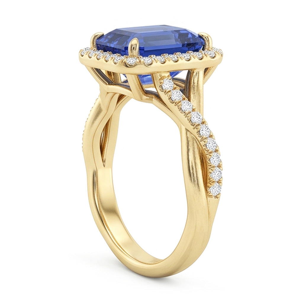 Anello Halo in oro giallo con zaffiro dello Sri Lanka a forma di smeraldo 3 carati