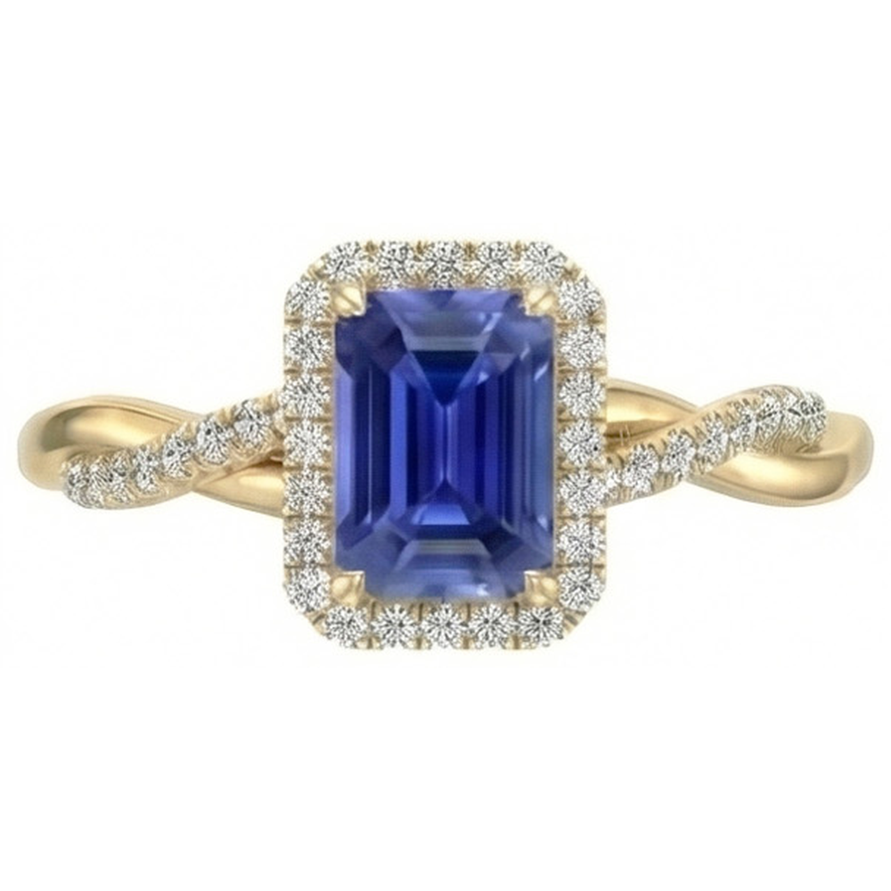 Anello Halo in oro giallo con zaffiro dello Sri Lanka a forma di smeraldo 3 carati
