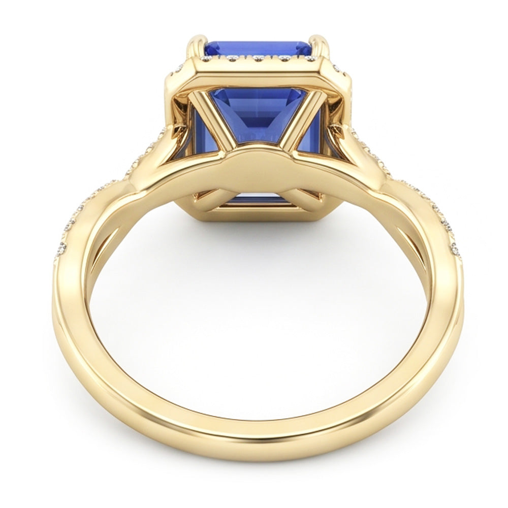 Anello Halo in oro giallo con zaffiro dello Sri Lanka a forma di smeraldo 3 carati