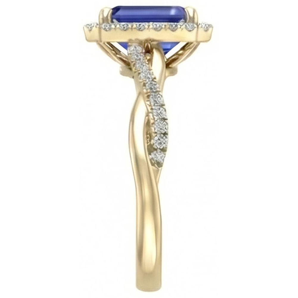 Anello Halo in oro giallo con zaffiro dello Sri Lanka a forma di smeraldo 3 carati